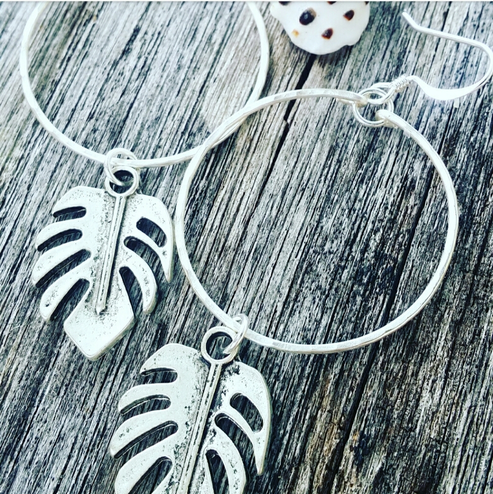 Monstera Leaf Earrings | Tropical | Silver Hoop